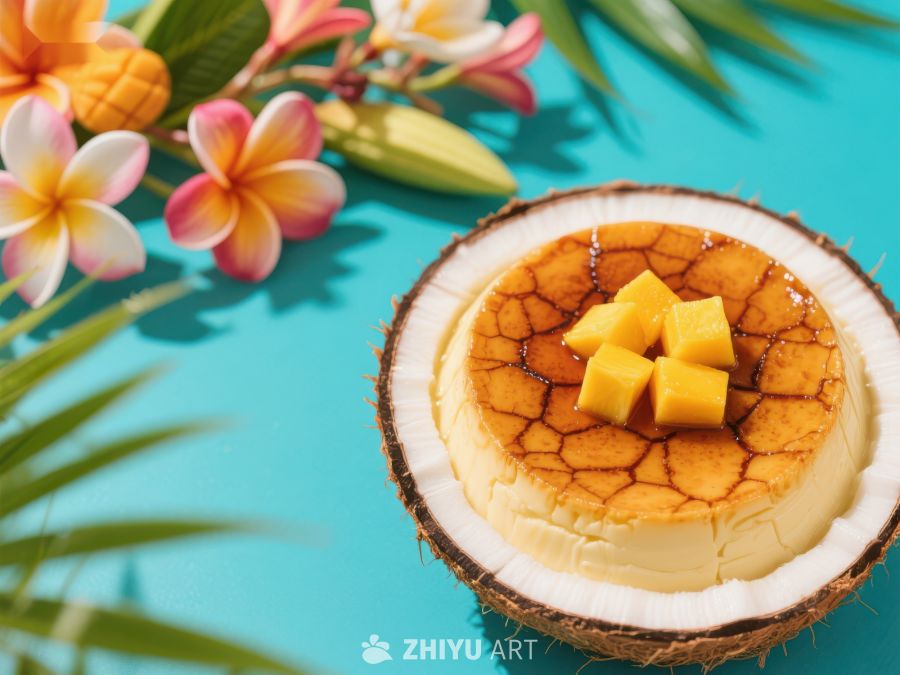 椰壳中的芒果焦糖布丁