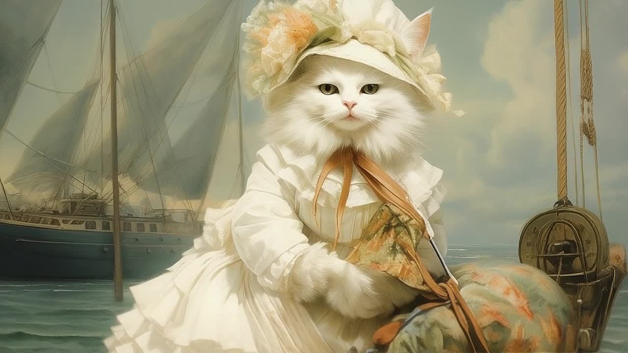 一只白色长毛猫戴着一顶带有花朵装饰的帽子，穿着白色