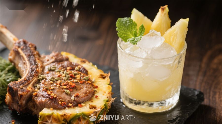 菠萝配肉与鸡尾酒的创意美食组合