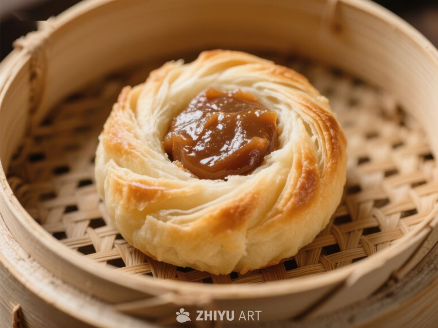金黄酥皮点心置于竹蒸笼中 260
