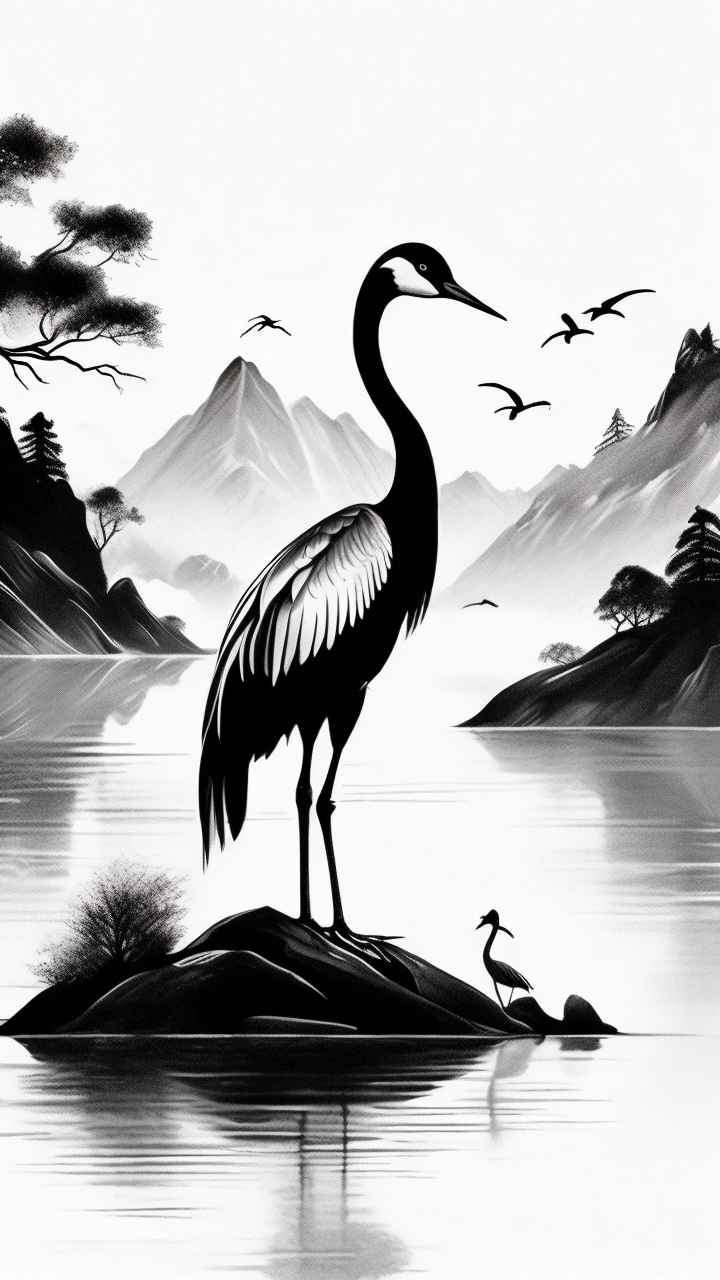 国风山水鹤插画背景 30