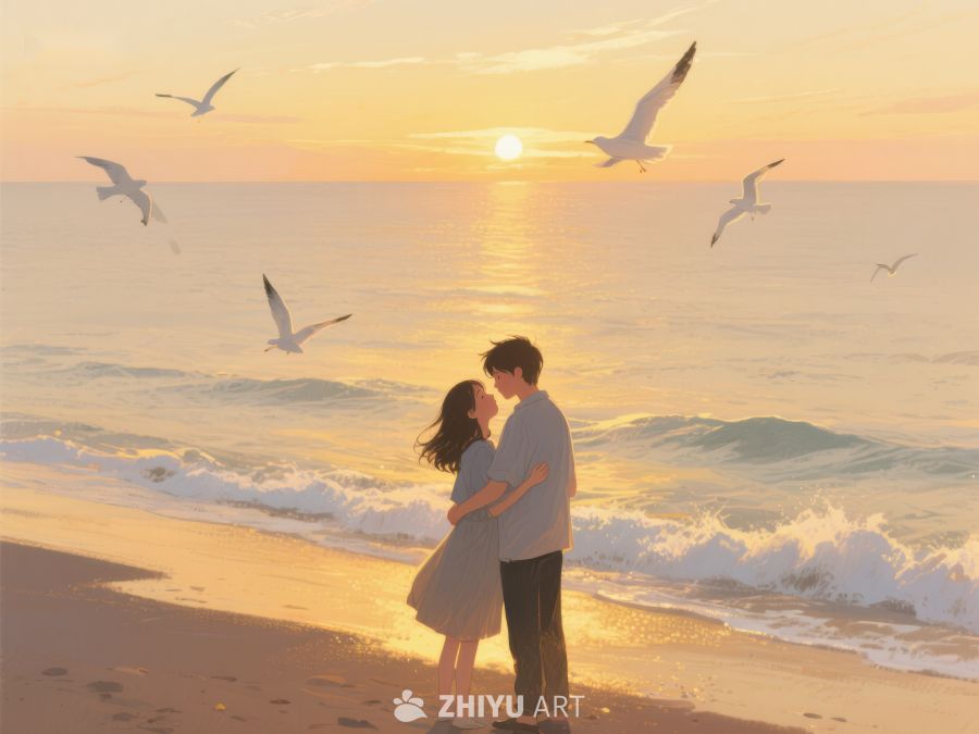 海滩日落情侣拥吻 270