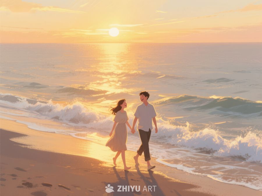 夕阳海滩漫步的情侣 929