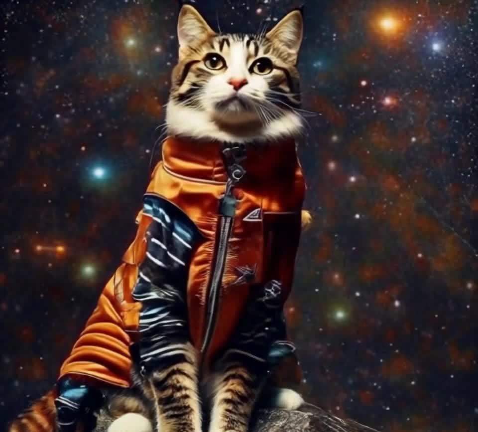 身着宇航服的猫咪凝视星空，准备出发冒险