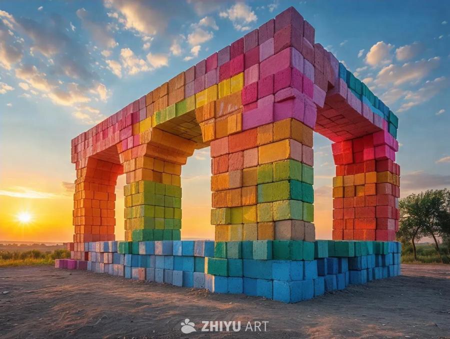 一个由彩色砖块堆叠而成的拱形建筑结构，每块砖颜色各