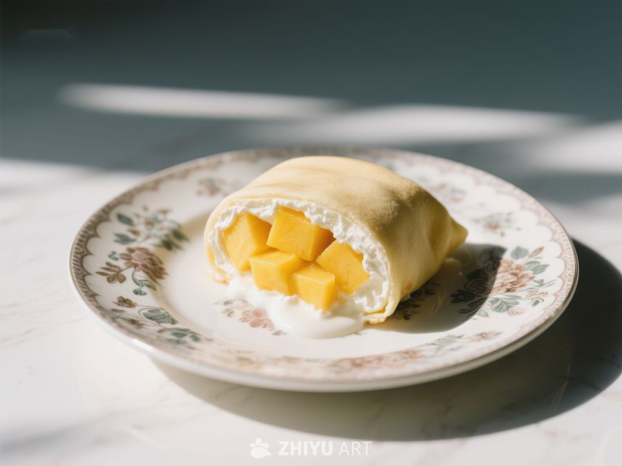 芒果奶油卷饼，精致摆盘