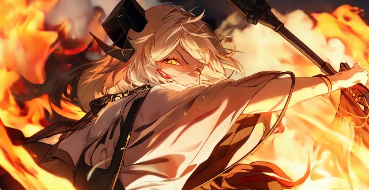 恶魔角女孩战场持武器，火焰燃烧，黄瞳血痕，末日氛围