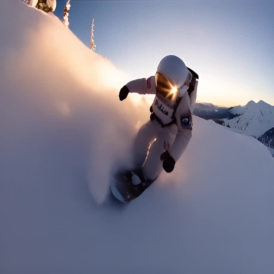 宇航员穿着太空服在阿拉斯加陡峭的雪山上滑雪。相机从