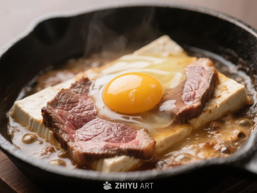 煎锅中的豆腐牛肉配蛋黄 51