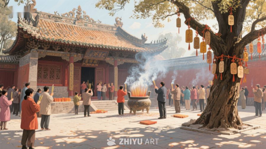 寺庙前众人焚香祈福 111