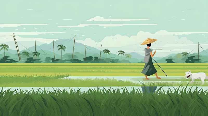 妇女站在稻田与狗，绿色插画风格 1