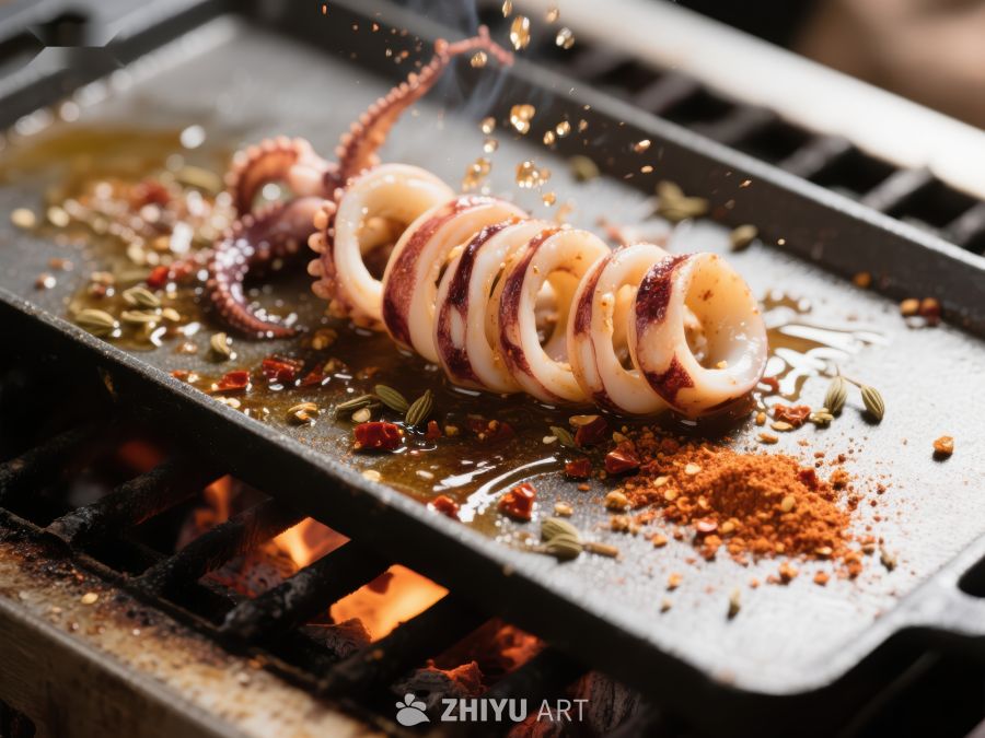 鱿鱼圈在烧烤架上翻滚烹饪