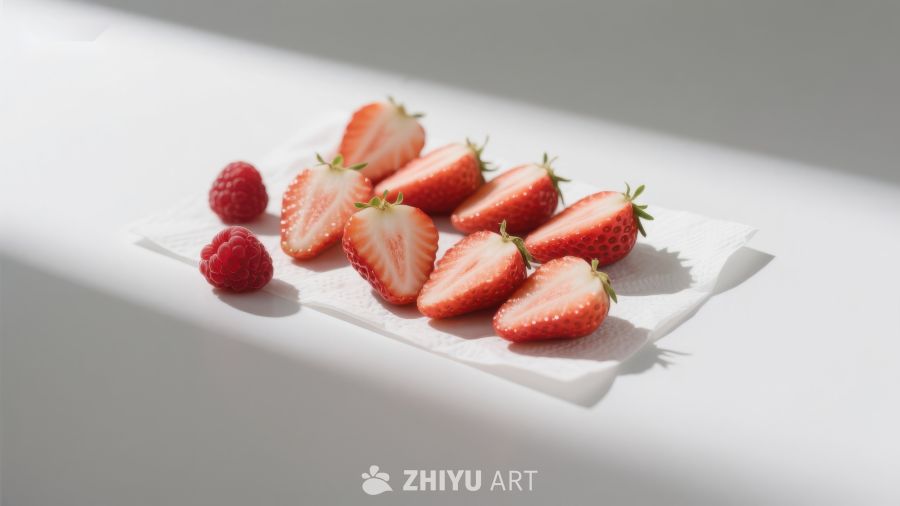 新鲜草莓与覆盆子静置白纸之上