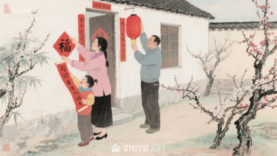 家庭张贴春联，迎接新年 82