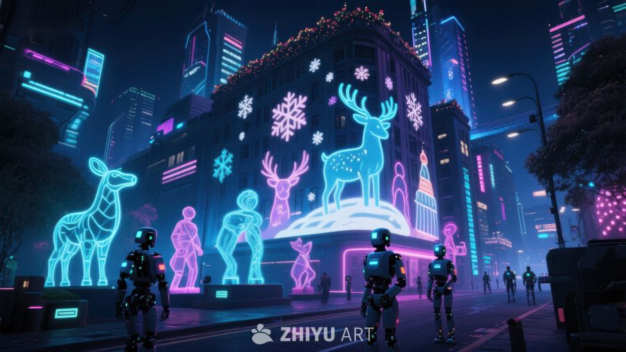 未来城市夜景中的霓虹灯动物投影 567