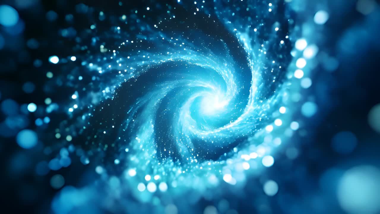 一个旋转的光漩涡盘旋进入广阔的、星光点点的太空。光