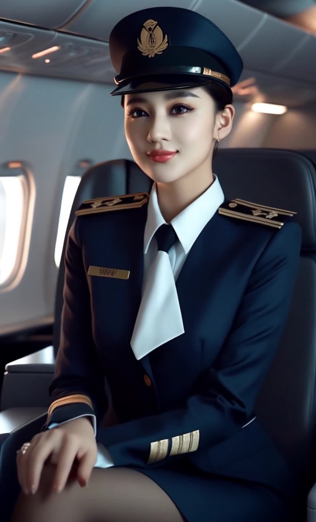 美丽的女性飞行员，端坐在机舱内的座位上