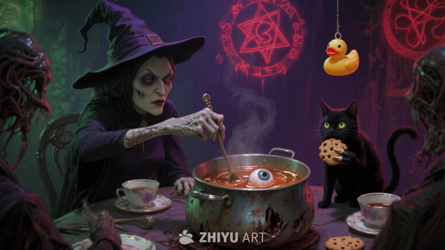 女巫施法，猫与怪物共聚餐桌