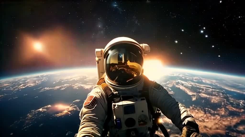 宇航员漂浮在太空中，周围是璀璨的星星。在他的背景中