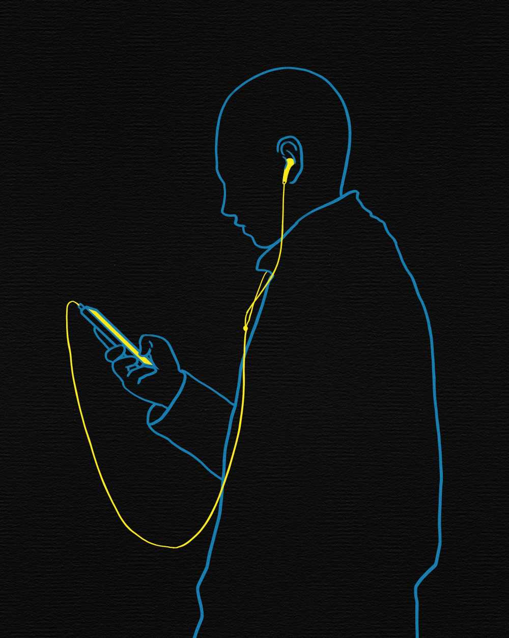 男子音乐耳机卡通想象力创造力移动电话霓虹灯黑色背景