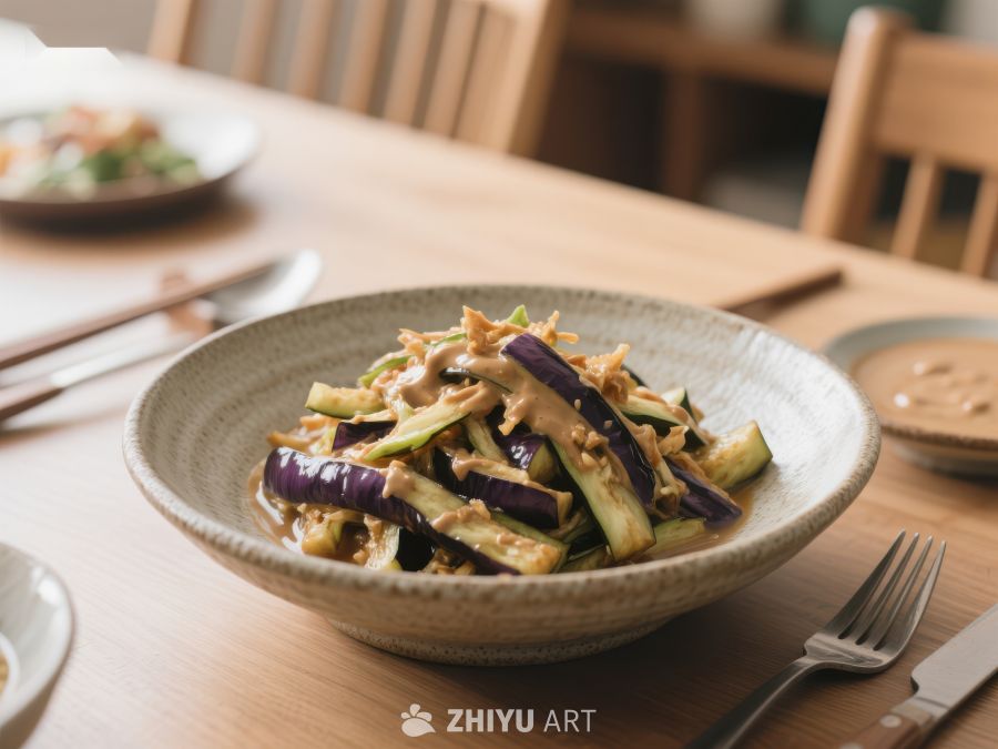 美味茄子炒菜，摆放在木质餐桌 1025