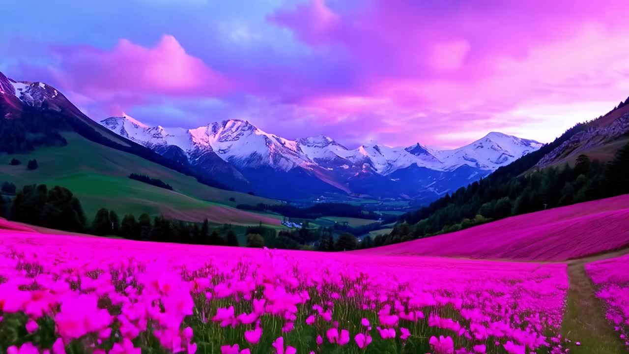 山谷中盛开着鲜艳的粉色花朵，一直延伸到前景。山谷周