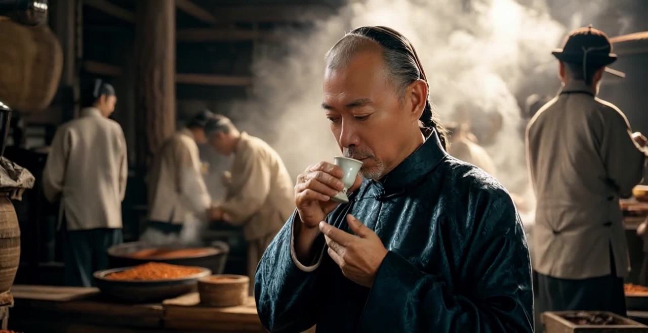 一名男子身着深色上衣，手持一个白色小杯，正在品尝杯