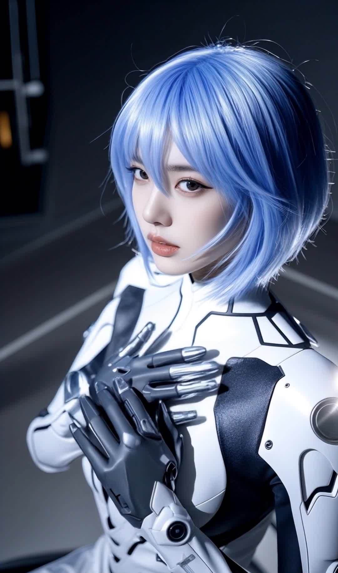 蓝发未来战士的特写人像Cosplay