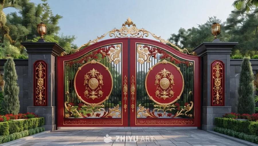 一扇宏伟的红色和金属金色格栅设计大门，庄严地矗立在