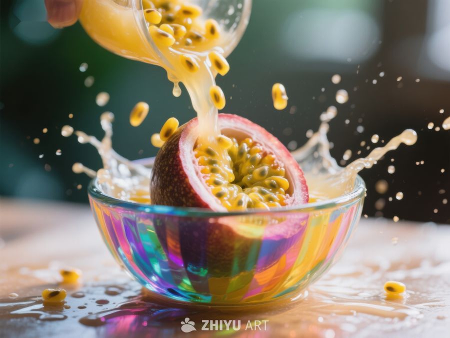 百香果汁倒入碗中，溅起水花 11