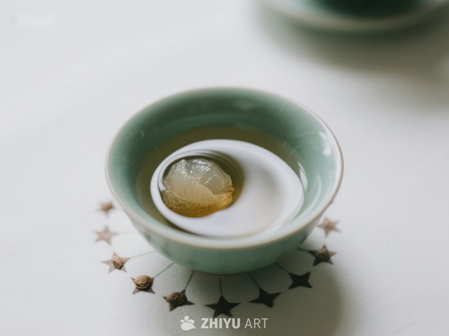 青瓷碗中茶汤与茶叶的静谧之美 434