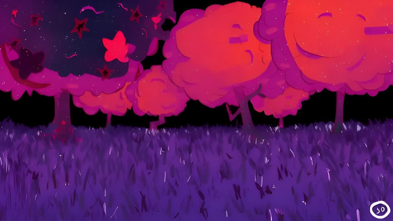 宇宙粉红色到紫色的树木在微风中轻轻摇曳，它们的叶子