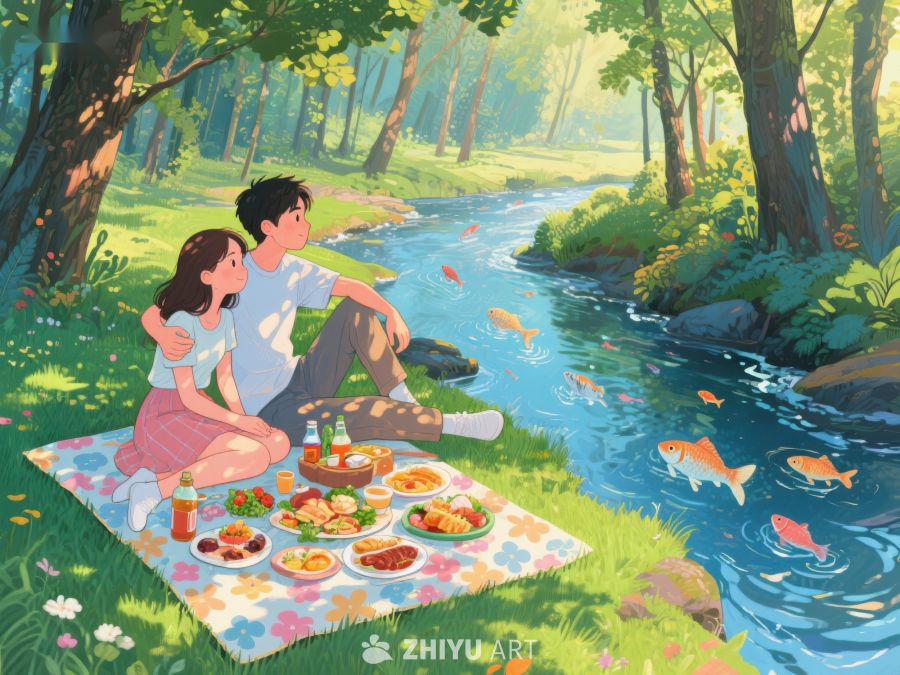溪边野餐，情侣共度美好时光 952