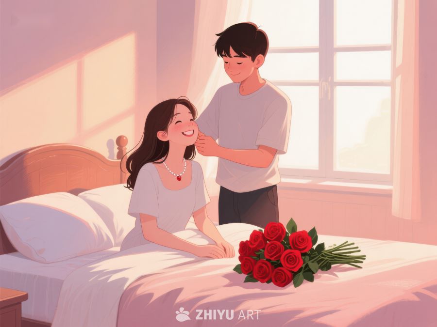 温馨晨光中，男子为女子献上玫瑰 702