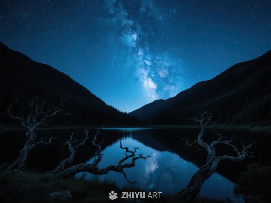 夜空银河映湖面，枯树倒影添幽静 376
