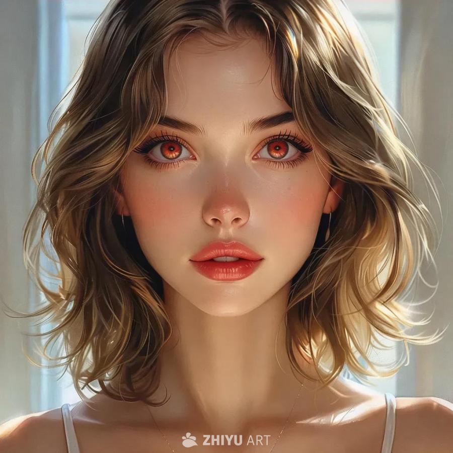 一个动漫风格的女性，皮肤白皙，红色的眼睛，浅棕色的