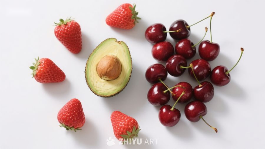 新鲜水果组合：草莓、樱桃与牛油果