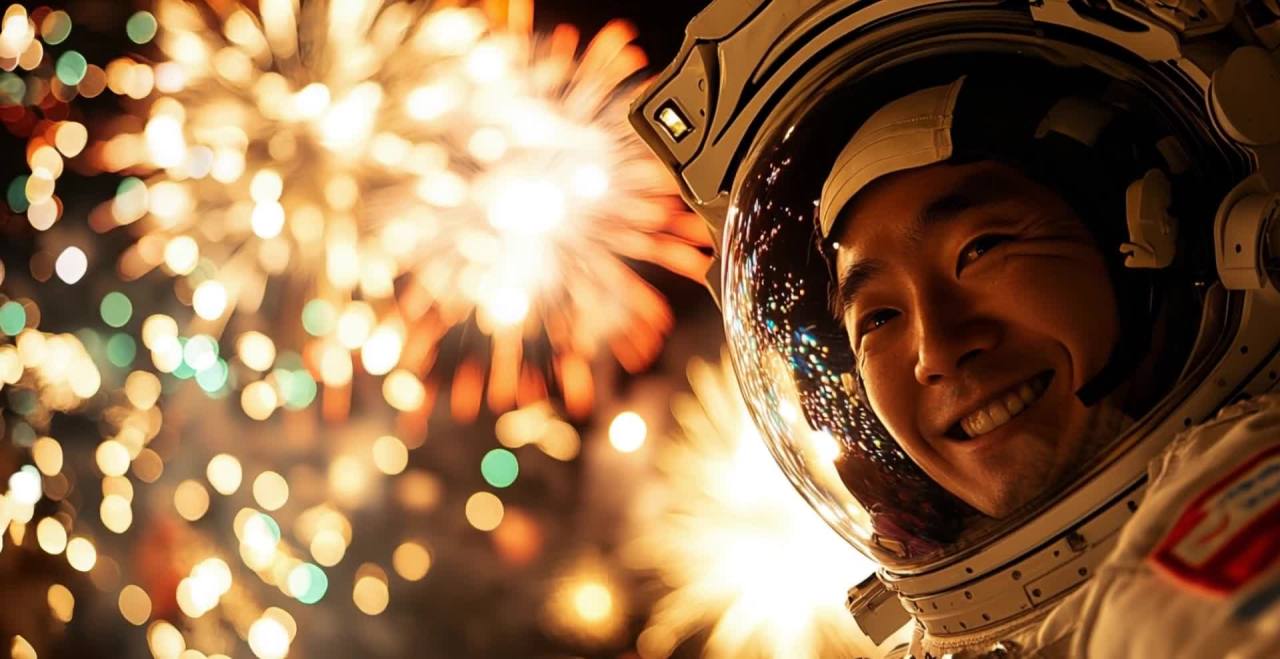 一位穿着太空服的宇航员，戴着头盔，面带微笑。背景中