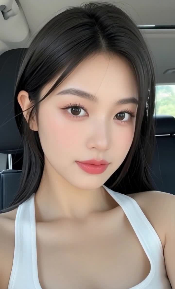 车内精致妆容的深色长发年轻女子