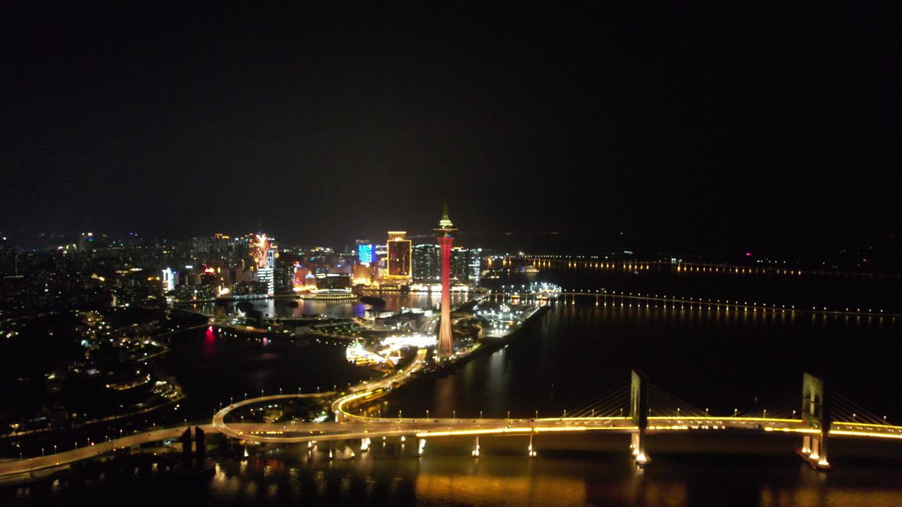 澳门城市夜景灯光航拍 