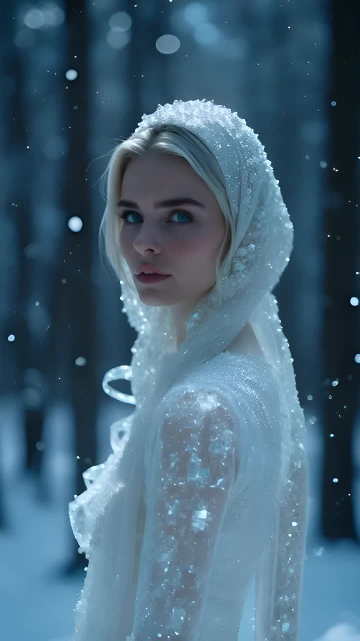 一个女人站在雪覆盖的森林里，她穿着由闪闪发光的钻石