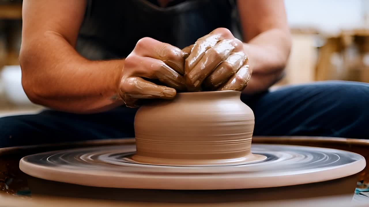双手沾满泥土的人在旋转的陶轮上工作，双手正在塑造一