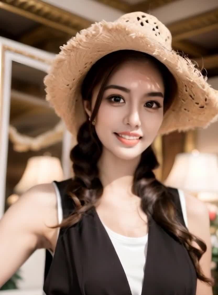 戴草帽的微笑女性，室内摆设灯具和镜子