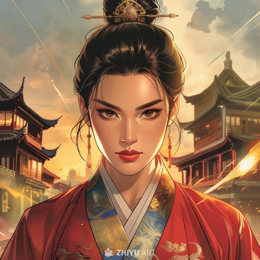 一位身着中国古代传统服饰的女子，头戴发饰，表情严肃