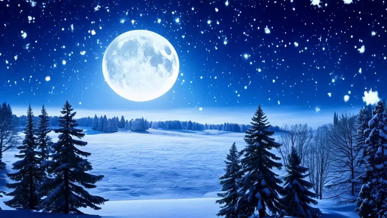 夜晚的冬季，一个广阔的空地上，雪花在空中轻轻飘落，
