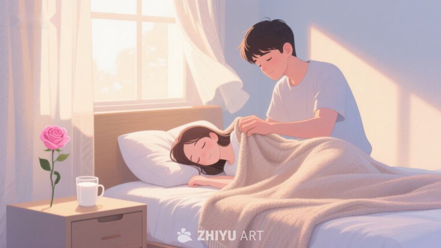 温馨晨光中，男子轻柔为女子盖被 367
