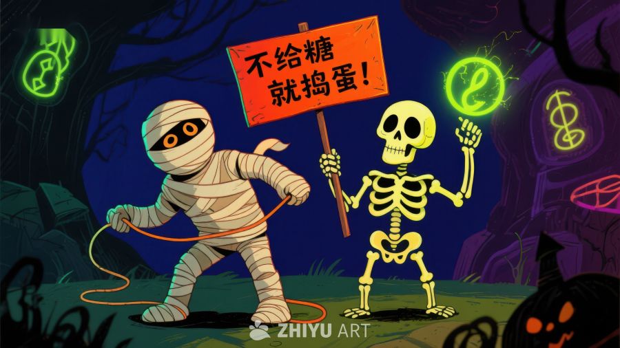 万圣节木乃伊与骷髅手持标语