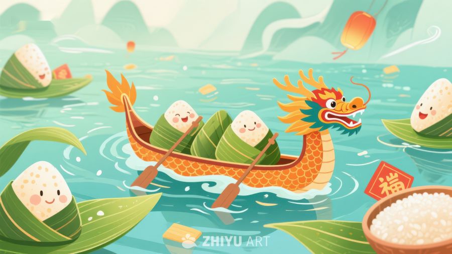 端午节龙舟与粽子的欢乐场景 80