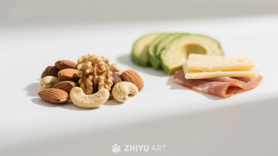 坚果、牛油果、奶酪与火腿的组合