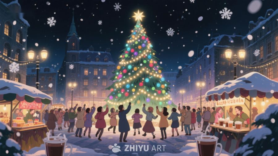冬夜广场上的圣诞树与集市 30